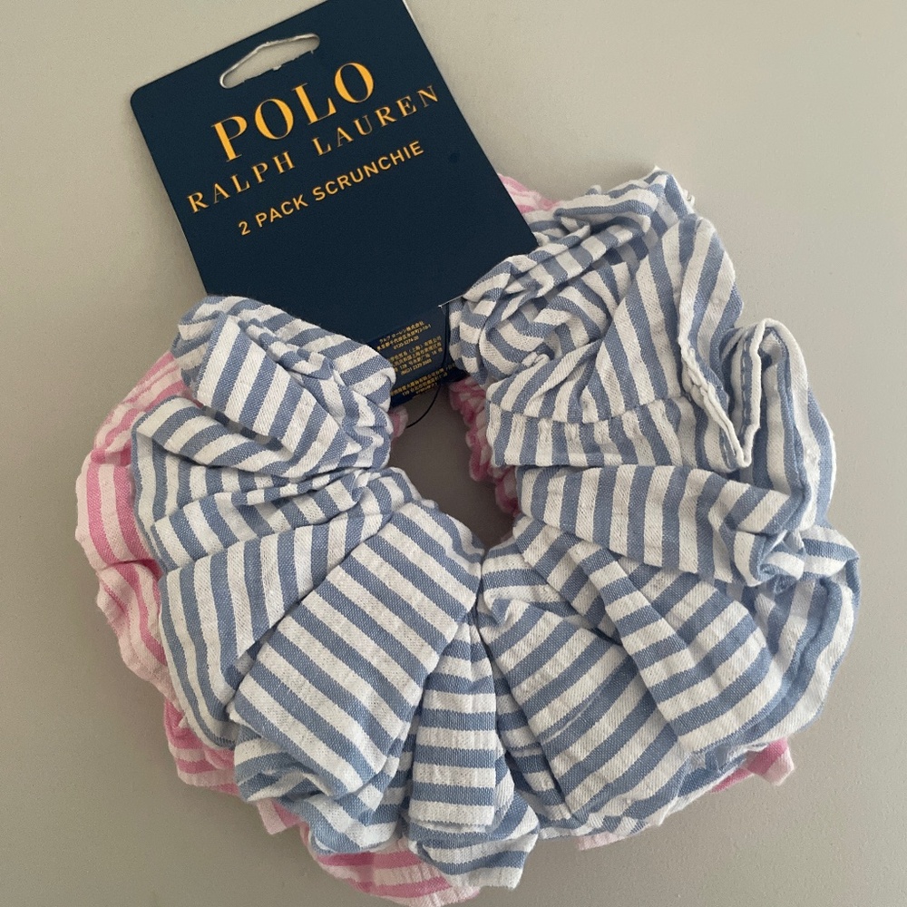 POLO Ralph Lauren 2-Pack Cotton Hair Scrunchie Bands Accessories Blue & Pink 5”